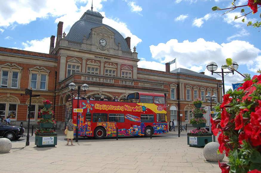 Open Top Tour Bus outside the Norwich Railway Station