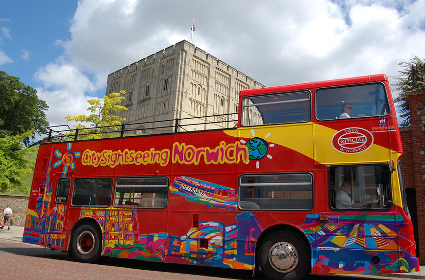 Open Top Tour Bus outside the Norwich Castle