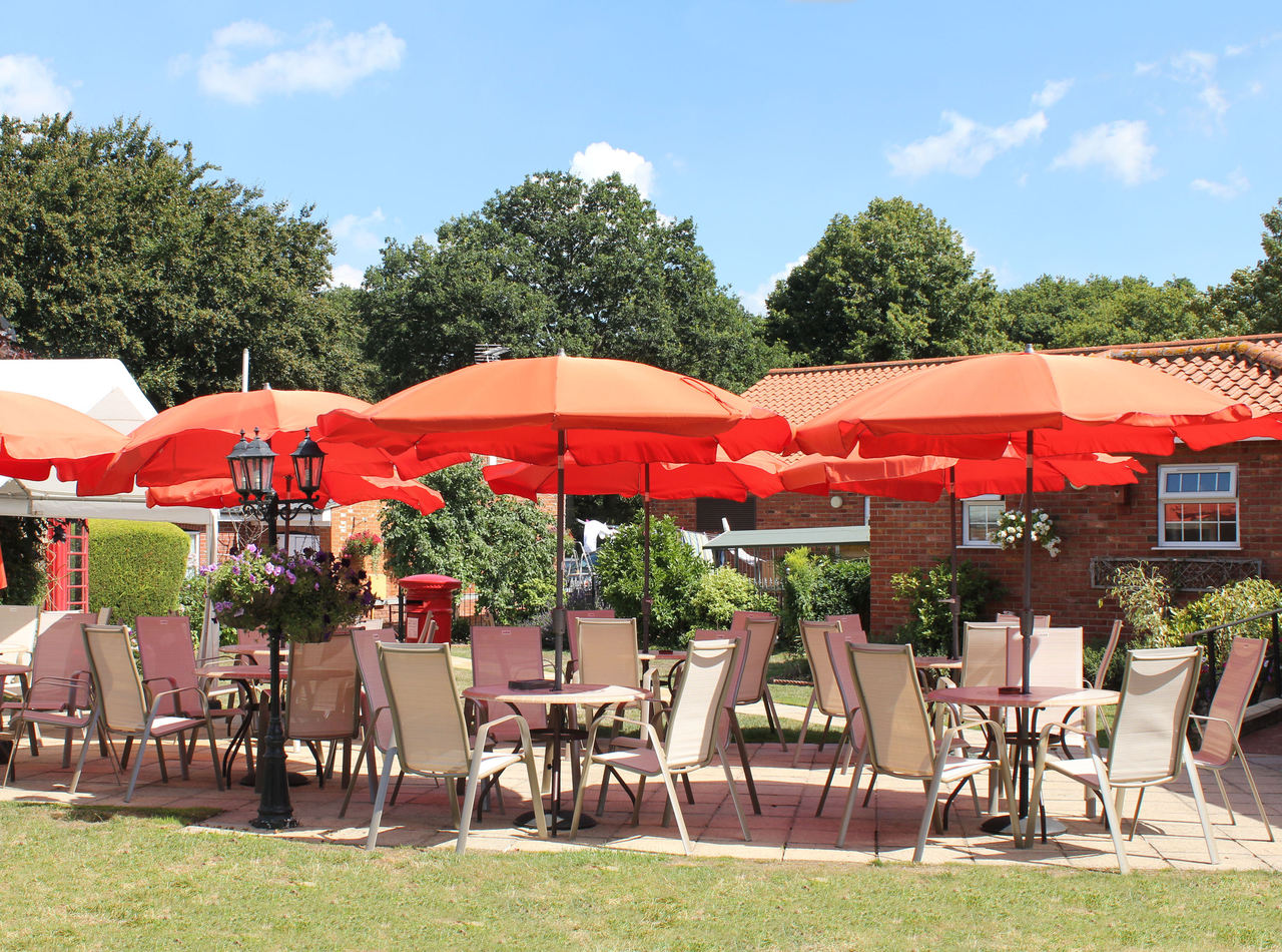 Patio seating in the Old Rectory gardens