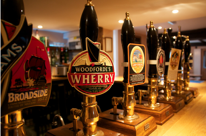 Real ales on the pumps at Red Lion in Coltishall