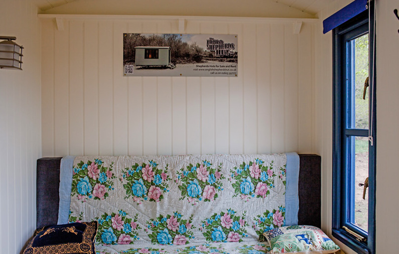 Sleeping area of shepherds hut at Top Farm